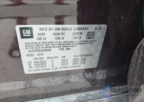 2020 Chevrolet Trax Awd Lt из США, поврежденный, VIN KL7CJPSB1LB338465